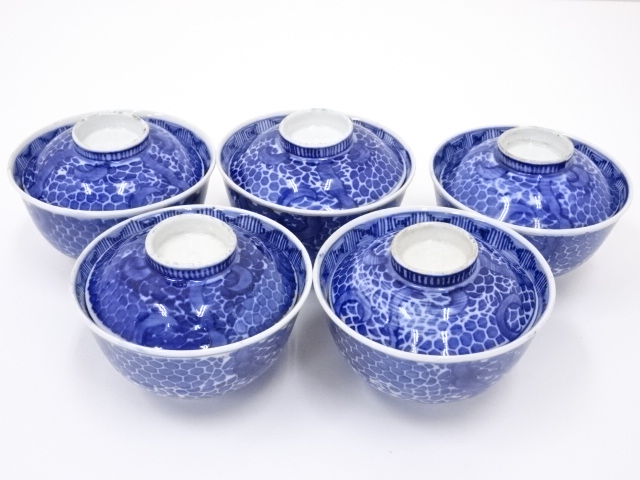 ANTIQUE JAPANESE IMARI / MEIJI ERA /  LIDDED TEA BOWL SET OF 5 / BLUE & WHITE PORCELAIN